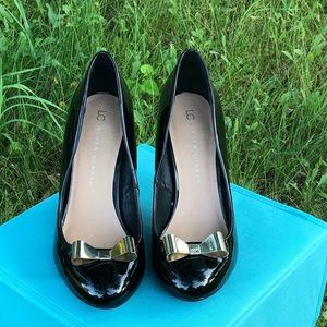 Patent Black Lauren Conrad Heels Gold Metal Bow
